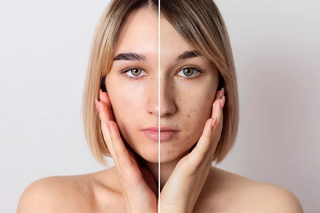 Split face comparison showing clear skin on one side and acne scars with post-inflammatory redness on the other cheek.