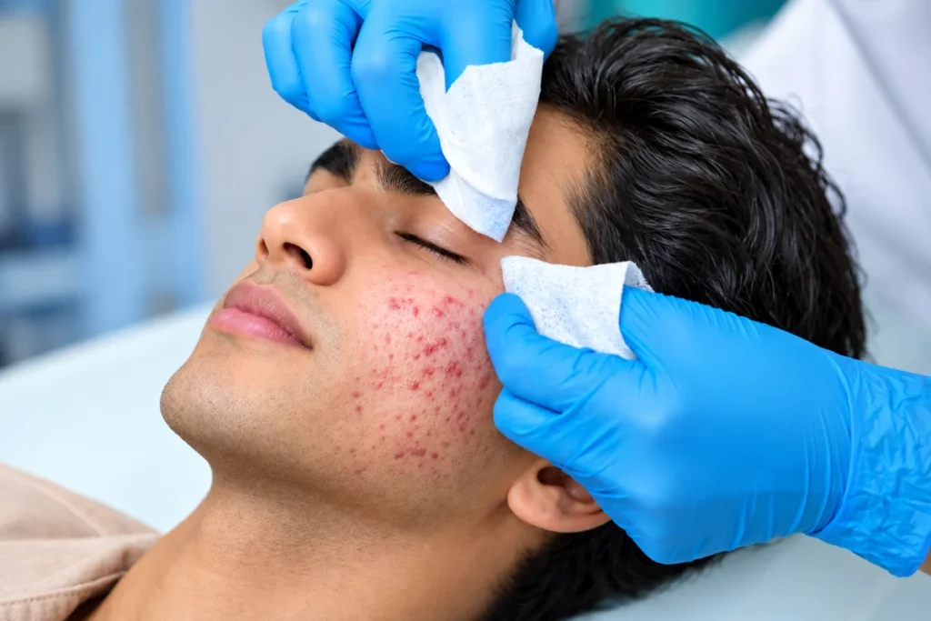A dermatologist wearing blue gloves gently cleansing and preparing a patient’s cheek area with active acne and post-acne marks for treatment.
