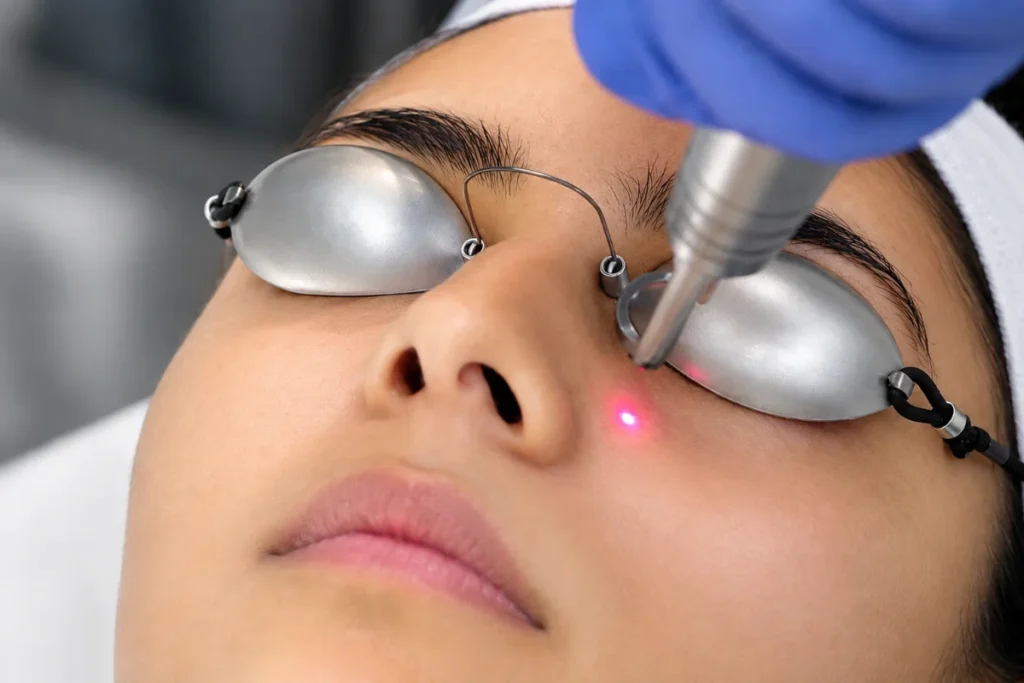A patient wearing metal laser safety goggles receiving a precise laser skin treatment on the upper cheek to target hyperpigmentation and melasma.
