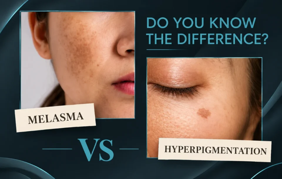 Comparison graphic showing dark patches of melasma on the cheek versus a targeted spot of hyperpigmentation below the eye with text asking "Do You Know The Difference?"